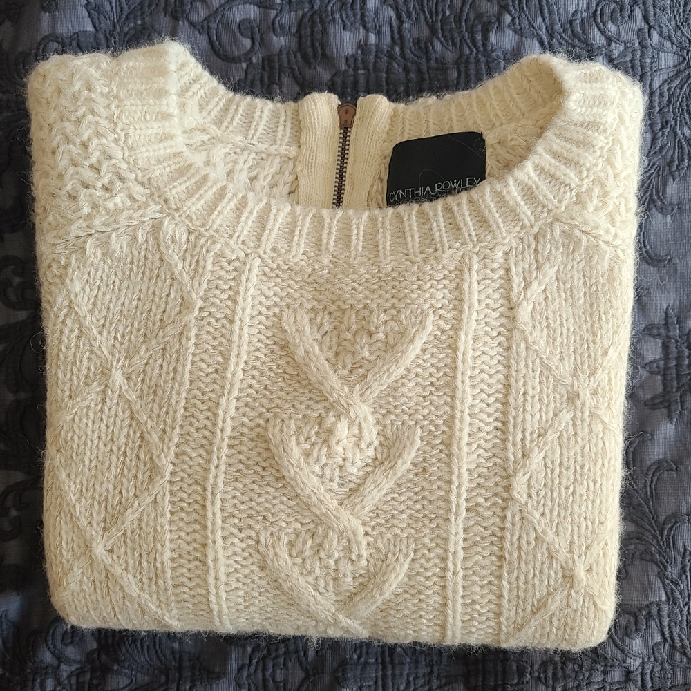 Cynthia Rowley Off-White Cable Knit Crew Neck Sweater w/ Back Quarter Zip Size L